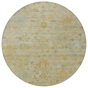 HomeRoots 8' Round Floral Area Rug in Khaki & Beige - Washable, Stain-Resistant Design for Indoor/Outdoor Use 626226
