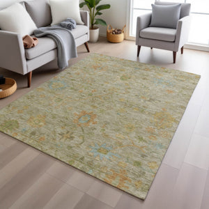 HomeRoots 9' X 12' Khaki Floral Area Rug - Washable, Durable, Indoor/Outdoor Design for High-Traffic Spaces 626228