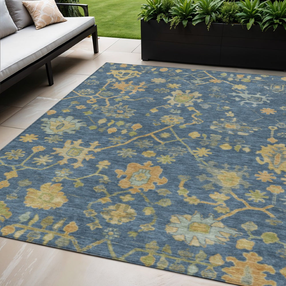 HomeRoots 5' Navy Blue and Gold Floral Indoor Outdoor Area Rug - Durable, Washable, Stylish for All Spaces 626231