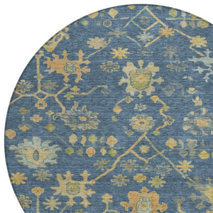 HomeRoots 8' Navy Blue and Gold Round Floral Area Rug - Washable, Durable, Perfect for Indoor & Outdoor Use! 626232