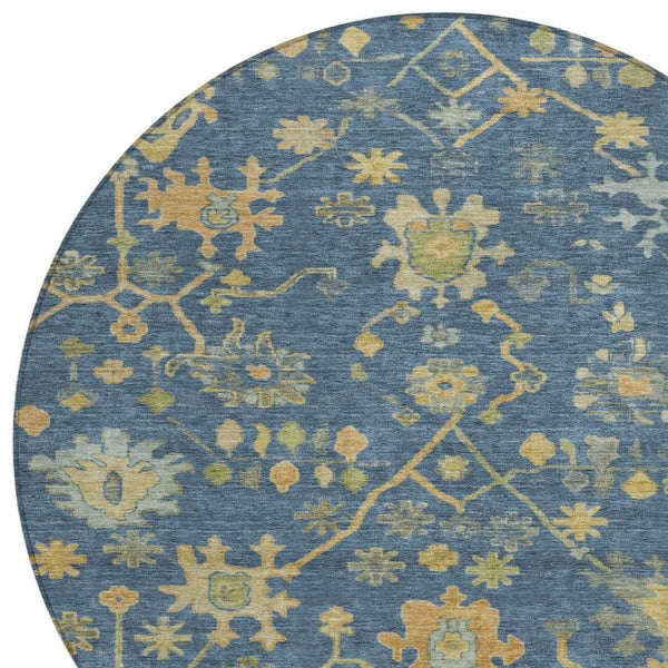 HomeRoots 8' Navy Blue and Gold Round Floral Area Rug - Washable, Durable, Perfect for Indoor & Outdoor Use! 626232