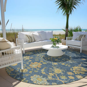 HomeRoots 8' Navy Blue and Gold Round Floral Area Rug - Washable, Durable, Perfect for Indoor & Outdoor Use! 626232