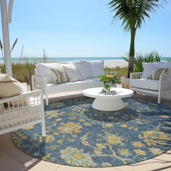 HomeRoots 8' Navy Blue and Gold Round Floral Area Rug - Washable, Durable, Perfect for Indoor & Outdoor Use! 626232