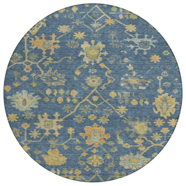HomeRoots 8' Navy Blue and Gold Round Floral Area Rug - Washable, Durable, Perfect for Indoor & Outdoor Use! 626232