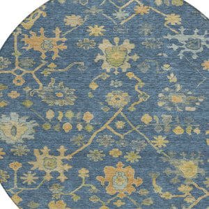 HomeRoots 8' Navy Blue and Gold Round Floral Area Rug - Washable, Durable, Perfect for Indoor & Outdoor Use! 626232