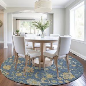 HomeRoots 8' Navy Blue and Gold Round Floral Area Rug - Washable, Durable, Perfect for Indoor & Outdoor Use! 626232