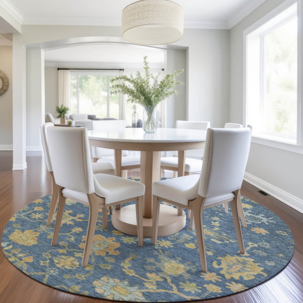 HomeRoots 8' Navy Blue and Gold Round Floral Area Rug - Washable, Durable, Perfect for Indoor & Outdoor Use! 626232