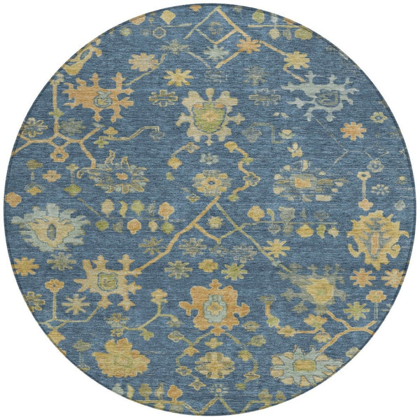 HomeRoots 8' Navy Blue and Gold Round Floral Area Rug - Washable, Durable, Perfect for Indoor & Outdoor Use! 626232