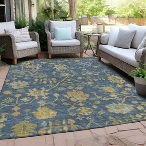 HomeRoots 8' X 10' Navy Blue and Gold Floral Area Rug - Durable, Washable, Stylish for Indoor & Outdoor Use 626233
