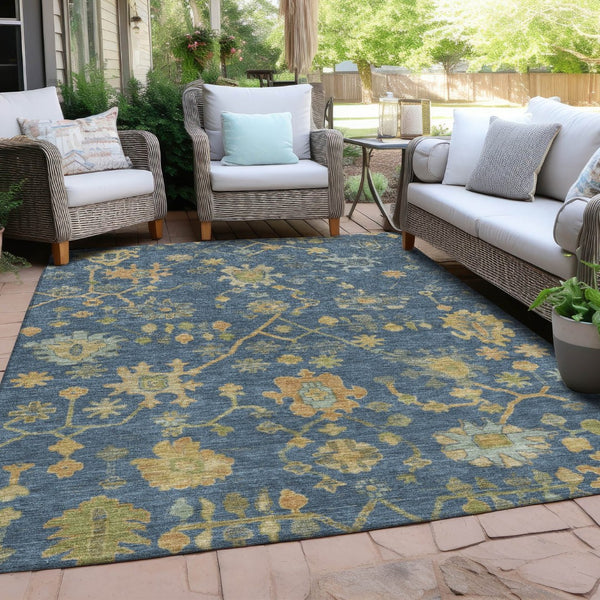 HomeRoots 8' X 10' Navy Blue and Gold Floral Area Rug - Durable, Washable, Stylish for Indoor & Outdoor Use 626233