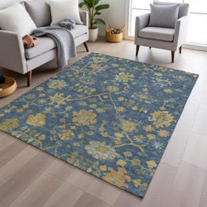 HomeRoots 8' X 10' Navy Blue and Gold Floral Area Rug - Durable, Washable, Stylish for Indoor & Outdoor Use 626233