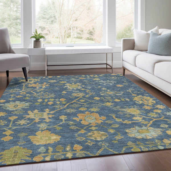 HomeRoots 8' X 10' Navy Blue and Gold Floral Area Rug - Durable, Washable, Stylish for Indoor & Outdoor Use 626233