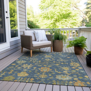 HomeRoots 9' X 12' Navy Blue and Gold Floral Area Rug – Stylish, Washable Indoor/Outdoor Design for Any Space 626234