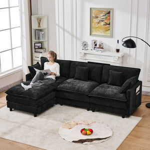 English Elm 101.9-inch Chenille Modular Sofa with Movable Footstool for Living Room Comfort Black W288S00032