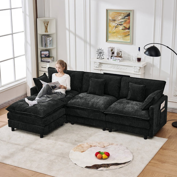 English Elm 101.9-inch Chenille Modular Sofa with Movable Footstool for Living Room Comfort Black W288S00032