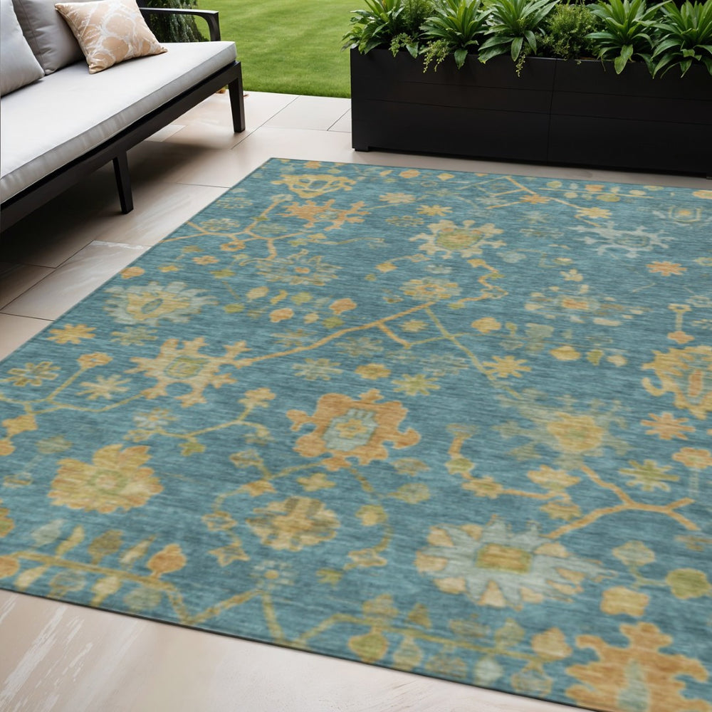 HomeRoots 5' Teal Blue and Gold Floral Area Rug - Washable, Durable Design for Indoor and Outdoor Use! 626249