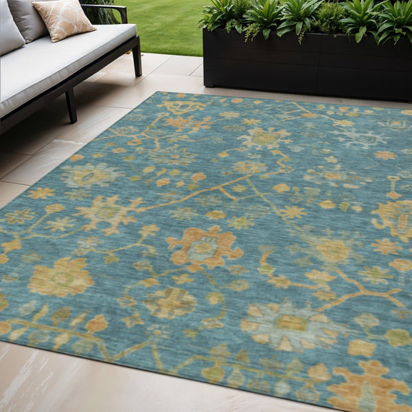 HomeRoots 5' Teal Blue and Gold Floral Area Rug - Washable, Durable Design for Indoor and Outdoor Use! 626249