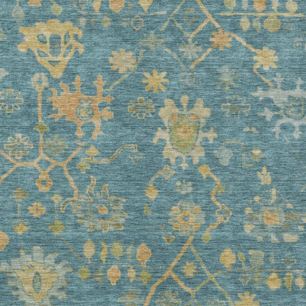 HomeRoots 5' Teal Blue and Gold Floral Area Rug - Washable, Durable Design for Indoor and Outdoor Use! 626249