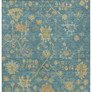 HomeRoots 5' Teal Blue and Gold Floral Area Rug - Washable, Durable Design for Indoor and Outdoor Use! 626249