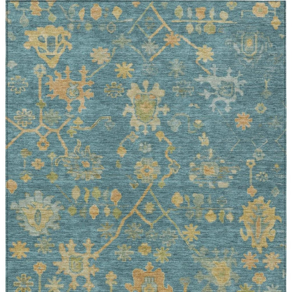 HomeRoots 5' Teal Blue and Gold Floral Area Rug - Washable, Durable Design for Indoor and Outdoor Use! 626249