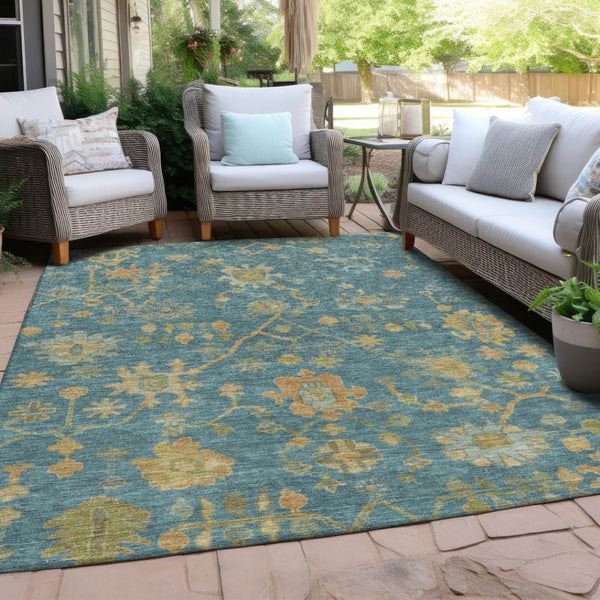 HomeRoots 5' Teal Blue and Gold Floral Area Rug - Washable, Durable Design for Indoor and Outdoor Use! 626249