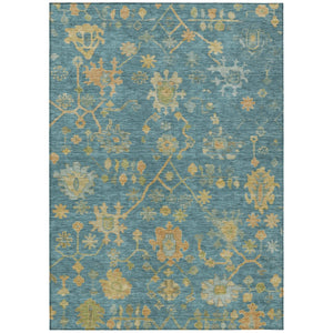 HomeRoots 5' Teal Blue and Gold Floral Area Rug - Washable, Durable Design for Indoor and Outdoor Use! 626249
