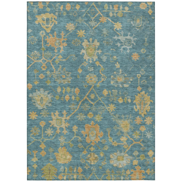 HomeRoots 5' Teal Blue and Gold Floral Area Rug - Washable, Durable Design for Indoor and Outdoor Use! 626249