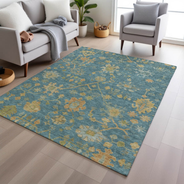 HomeRoots 5' Teal Blue and Gold Floral Area Rug - Washable, Durable Design for Indoor and Outdoor Use! 626249