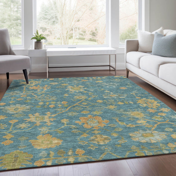 HomeRoots 5' Teal Blue and Gold Floral Area Rug - Washable, Durable Design for Indoor and Outdoor Use! 626249