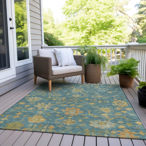 HomeRoots 5' Teal Blue and Gold Floral Area Rug - Washable, Durable Design for Indoor and Outdoor Use! 626249