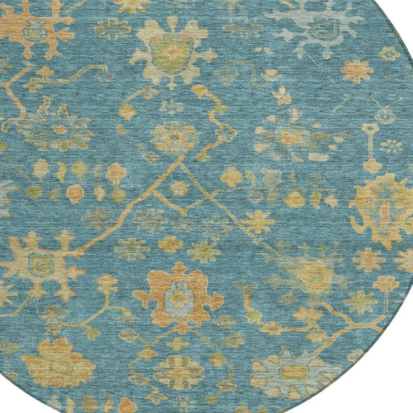 HomeRoots 8' Teal Blue & Gold Floral Area Rug - Washable, Durable, Stylish for Indoor & Outdoor Spaces 626250