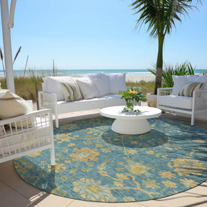 HomeRoots 8' Teal Blue & Gold Floral Area Rug - Washable, Durable, Stylish for Indoor & Outdoor Spaces 626250