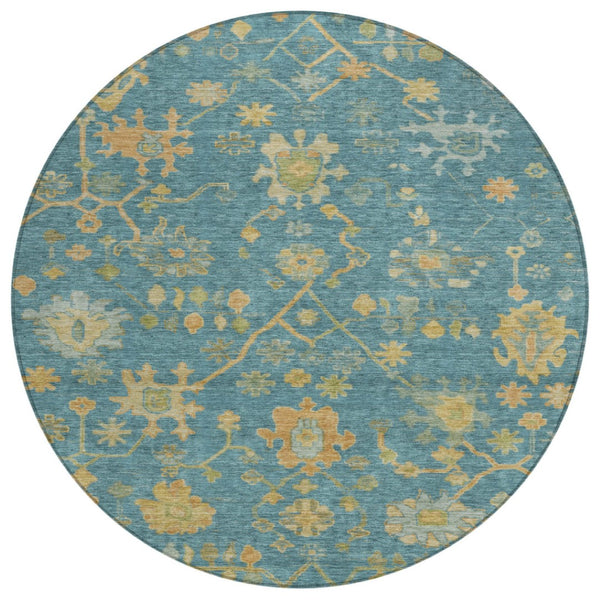 HomeRoots 8' Teal Blue & Gold Floral Area Rug - Washable, Durable, Stylish for Indoor & Outdoor Spaces 626250