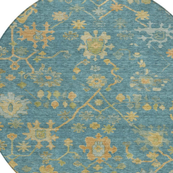 HomeRoots 8' Teal Blue & Gold Floral Area Rug - Washable, Durable, Stylish for Indoor & Outdoor Spaces 626250