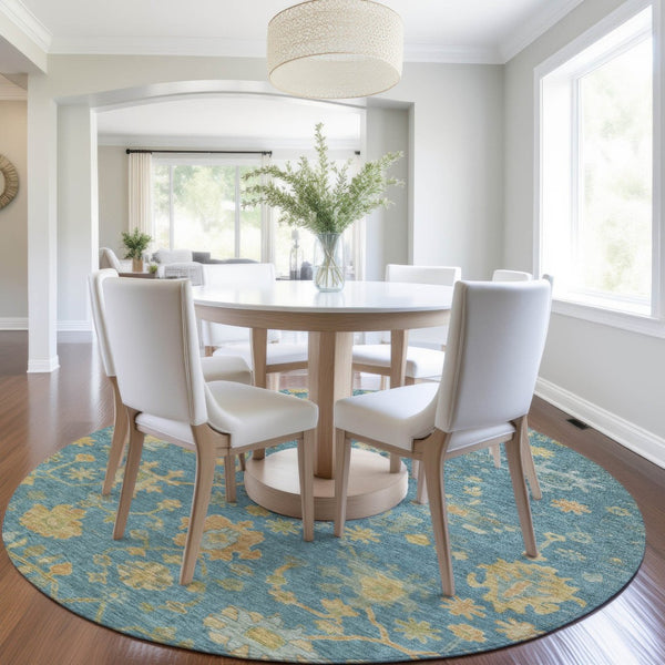 HomeRoots 8' Teal Blue & Gold Floral Area Rug - Washable, Durable, Stylish for Indoor & Outdoor Spaces 626250