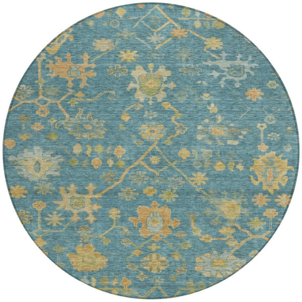 HomeRoots 8' Teal Blue & Gold Floral Area Rug - Washable, Durable, Stylish for Indoor & Outdoor Spaces 626250