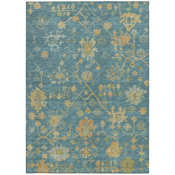 HomeRoots 8' X 10' Teal Blue and Gold Floral Area Rug - Washable, Stain-Resistant Indoor-Outdoor Decor Solution 626251