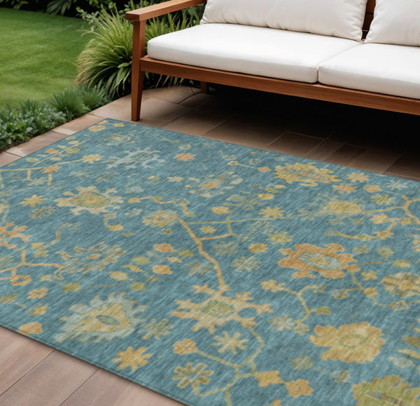HomeRoots 8' X 10' Teal Blue and Gold Floral Area Rug - Washable, Stain-Resistant Indoor-Outdoor Decor Solution 626251