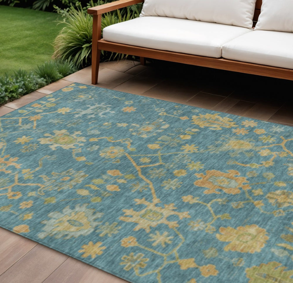 HomeRoots 9' X 12' Teal Blue & Gold Floral Area Rug - Stylish, Washable, & Durable for Indoor/Outdoor Use! 626252