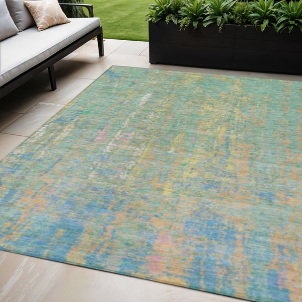 HomeRoots 5' Abstract Washable Area Rug in Teal, Blue, Yellow & Orange - Durable Indoor/Outdoor Design! 626261