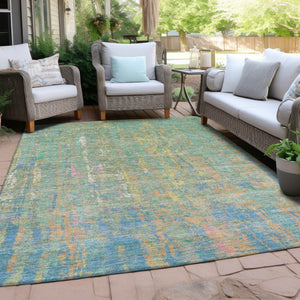 HomeRoots 5' Abstract Washable Area Rug in Teal, Blue, Yellow & Orange - Durable Indoor/Outdoor Design! 626261