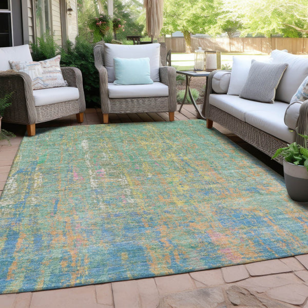 HomeRoots 5' Abstract Washable Area Rug in Teal, Blue, Yellow & Orange - Durable Indoor/Outdoor Design! 626261