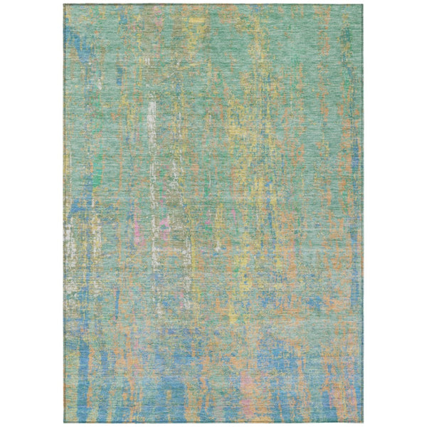 HomeRoots 5' Abstract Washable Area Rug in Teal, Blue, Yellow & Orange - Durable Indoor/Outdoor Design! 626261