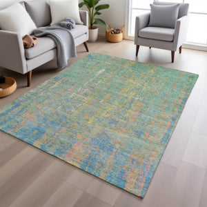 HomeRoots 5' Abstract Washable Area Rug in Teal, Blue, Yellow & Orange - Durable Indoor/Outdoor Design! 626261