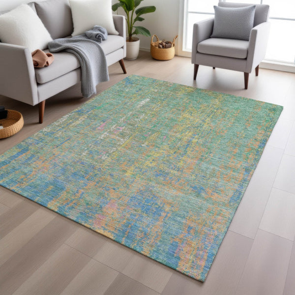 HomeRoots 5' Abstract Washable Area Rug in Teal, Blue, Yellow & Orange - Durable Indoor/Outdoor Design! 626261