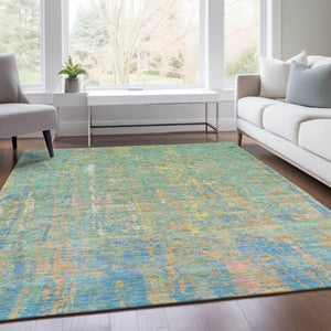 HomeRoots 5' Abstract Washable Area Rug in Teal, Blue, Yellow & Orange - Durable Indoor/Outdoor Design! 626261
