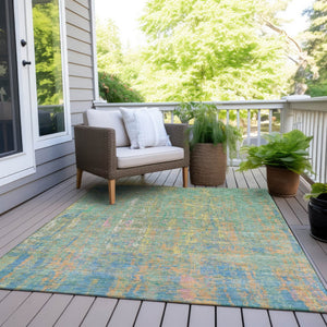 HomeRoots 5' Abstract Washable Area Rug in Teal, Blue, Yellow & Orange - Durable Indoor/Outdoor Design! 626261