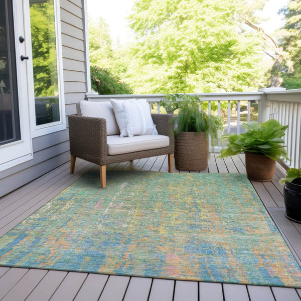 HomeRoots 5' Abstract Washable Area Rug in Teal, Blue, Yellow & Orange - Durable Indoor/Outdoor Design! 626261