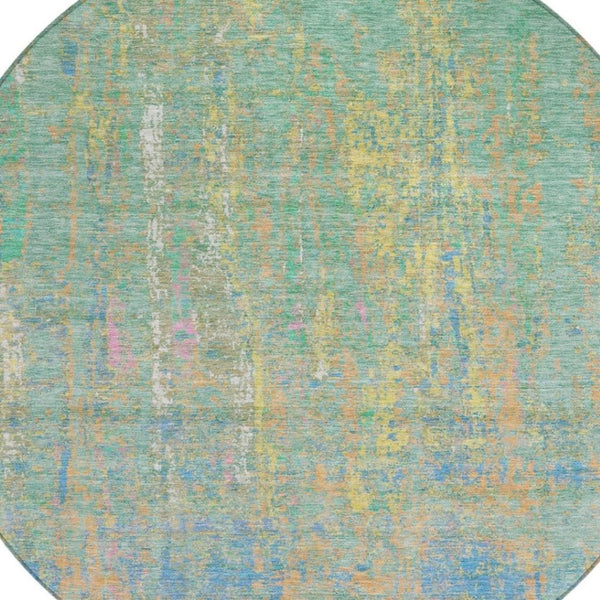 HomeRoots 8' Vibrant Teal Blue, Yellow & Orange Round Abstract Rug - Washable, Durable for Indoor/Outdoor Use 626262