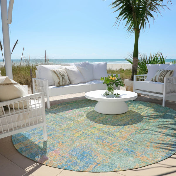 HomeRoots 8' Vibrant Teal Blue, Yellow & Orange Round Abstract Rug - Washable, Durable for Indoor/Outdoor Use 626262
